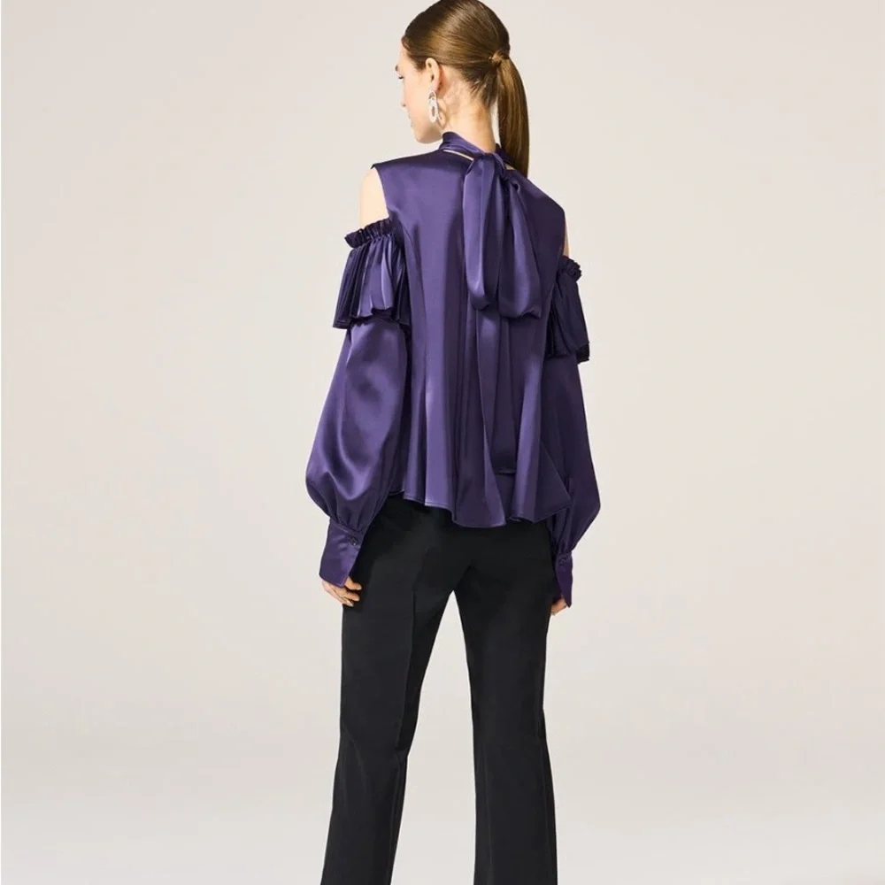 ADEAM Japan Intermix “Ashlee” purple cold shoulder pleated blouse top w ties XS - Picture 5 of 14